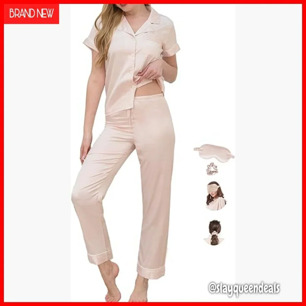 Silk Satin Pajama Set Short Sleeve Button Down Loungewear Sleepwear